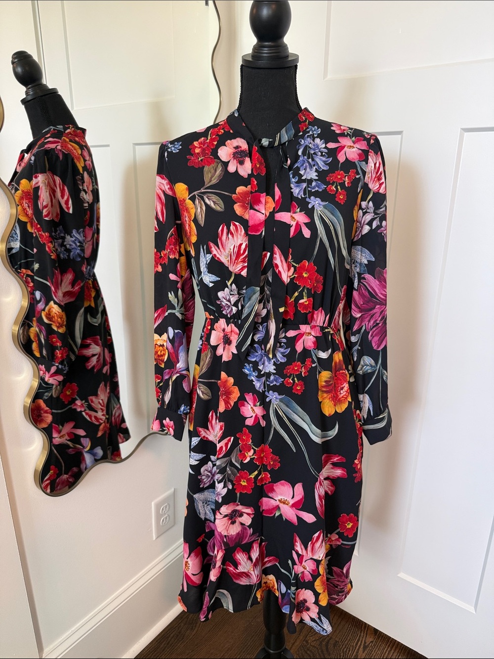 J. Crew Black Long-Sleeve Floral Tie-Neck Dress